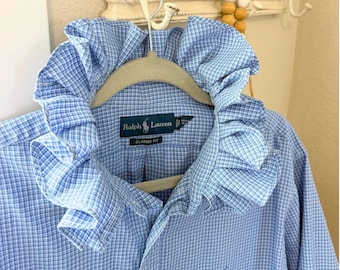 Reworked upcycled Button up Womens Shirt Ralph Lauren Ruffle Collar Plaid American Flag detail