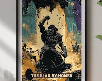 May include: A framed art print featuring a stylized illustration of a warrior figure with a bow and arrow, set against a backdrop of a battle scene. The artwork is in shades of black, gold, and teal, with the text "THE ILIAD BY HOMER" at the bottom.