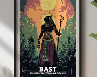 May include: A framed print of an illustration depicting the Egyptian goddess Bast, with the text "BAST, GODDESS OF PROTECTION AND PLEASURE". The illustration features a woman with a cat head, wearing a purple and gold robe, holding a staff and a symbol in her hands. The background is a forest scene with a sunset sky.