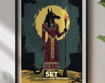 May include: A framed illustration of the Egyptian god Set, depicted as a jackal-headed man with a red and gold robe, holding a flaming torch. The text below reads "SET, GOD OF WAR, CHAOS, AND STORMS".