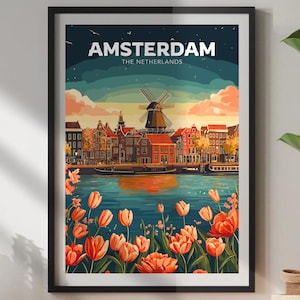 Amsterdam Poster,  Amsterdam Travel Poster, Amsterdam Travel Print, Amsterdam Houses Wall Art, Home Decor, Netherlands Poster, Windmill Art