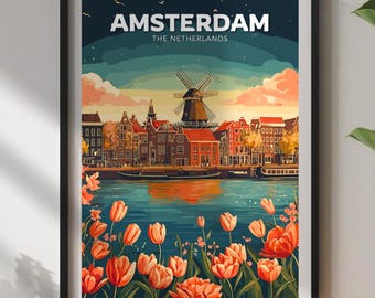 アムステルダム旅行ポスター：オランダの風車と運河沿いの家々のアート