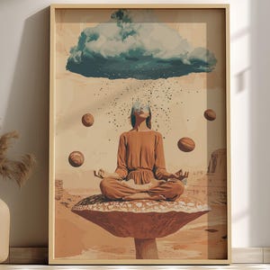 Head in the Clouds Poster – Surreal Woman on Floating Mushroom, Storm Cloud Head Raining Planets, Trippy Desert Wall Art
