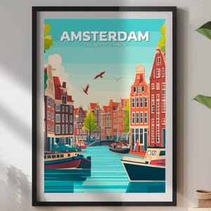 Amsterdam Canal Poster,  Amsterdam Canal Scene Poster, Amsterdam Travel Print, Amsterdam Houses Wall Art, Home Decor, Holland Poster