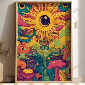Electric Bloom Art Print – Surreal Psychedelic Garden Wall Art, Cosmic Flower Landscape Poster, Dreamy Sun and Planet Illustration