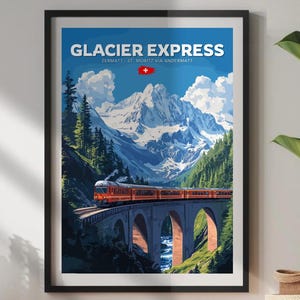 氷河特急の旅行ポスター、氷河特急の鉄道アート、風光明媚な列車の旅のアート、列車のポスター、ツェルマット - アンデルマット経由サンモリッツルート