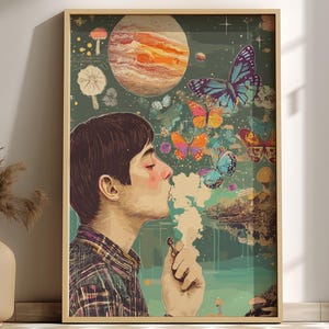 Smoke Signals Poster – Surreal Figure Exhaling Smoke Butterflies, Alien Lake with Mushrooms & Rising Planet Wall Art