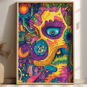 Electric Bloom Poster – Psychedelic Floral Sun Landscape, Trippy Surreal Wall Art, Colorful Cosmic Garden Decor, Retro Vibes Print