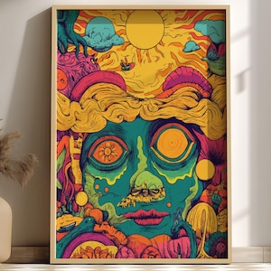 Trippy Sun Poster – Solar Reverie Psychedelic Art Print, Colorful Cosmic Swirl Wall Decor, Funky Retro Celestial Poster for Art Lovers