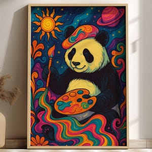 Psychedelic Panda Poster – Trippy Colorful Wall Art, Surreal Animal Print, Vibrant Retro Aesthetic Decor, Funky Hippie Room Poster