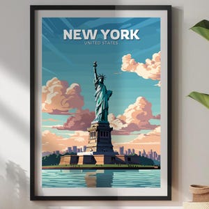 New York poster, New York print, kunstwerk Vrijheidsbeeld, woondecoratie, Liberty Island, Ellis Island, poster New Jersey, Vrijheidsbeeld