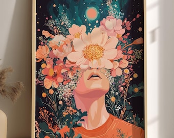 Psychedelic Floral Art Poster | Retro Twin Sun Cosmic Wall Art Print | Trippy Flower Decor | 60s Art