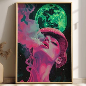 Trippy Mushroom Girl Poster – Lunar Drift Psychedelic Smoke Art Print, Neon Dreamscape Wall Decor, Edgy Modern Surrealism Poster