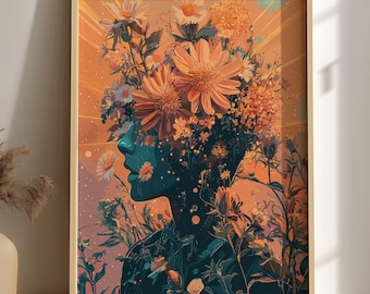Psychedelic Floral Head Poster | Retro Futuristic Surreal Art Print | Trippy Wall Art | 60s Home Decor