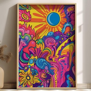 Póster psicodélico Electric Bloom: arte mural retro con sol y flores, estampado psicodélico colorido, decoración estética de los años 70