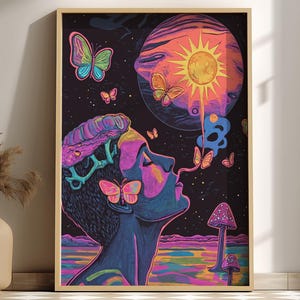 Smoke Signals Wall Art – Psychedelic Surreal Poster with Butterfly Smoke, Alien Planet Sunrise, and Glass Mushrooms Reflection