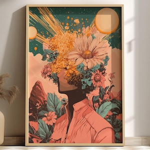 Galactic Bloom Poster – Retro-Futuristic Floral Surrealism Wall Art, Figure with Flowers Head, Twin Suns & Cosmic Pollen Print