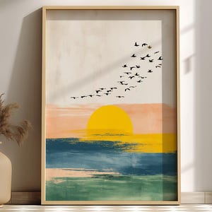 Sunset Flock Wandkunst - Bunter Ozean-Sonnenuntergang-Druck mit fliegenden Vögeln, Küstenlandschaft, ruhige Natur