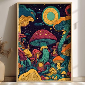 Mystic Mycelium Poster – Surreal Magical Mushroom Forest Wall Art, Glowing Fungi & Cosmic Light Fantasy Landscape Print