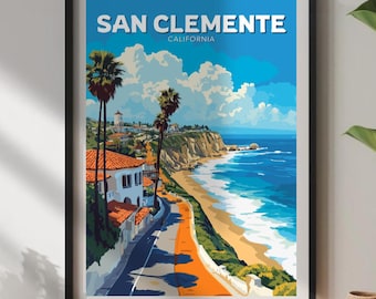 May include: A vintage-style travel poster featuring a scenic view of San Clemente, California. The poster depicts a coastal road winding through a hillside neighborhood with palm trees and a beach with blue water and white waves. The text "SAN CLEMENTE, CALIFORNIA" is printed in bold, white letters at the top of the poster.