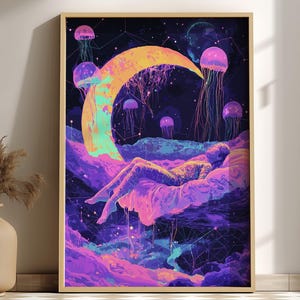 Cosmic Dreams Poster – Surreal Levitating Figure Under Crescent Moon, Geometric Dream Shapes & Floating Jellyfish Wall Art