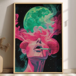 Psyche Exhale Poster – Surreal Woman with Mushrooms and Smoke, Psychedelic Dreamscape Wall Art, Cosmic Mind Expansion Print