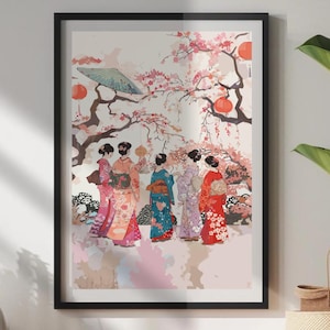 Elegantes mujeres japonesas en kimonos: póster Serenity de los cerezos en flor