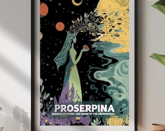 May include: A black framed poster with a colorful illustration of a woman with a crown of leaves holding a red fruit. The text on the poster reads "PROSERPINA GODDESS OF SPRING AND QUEEN OF THE UNDERWORLD".