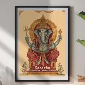 Ganesha Print - Hindu God of Wisdom and a Remover of Obstacles Poster, Ancient Hindu Art, Ganesha Mythology Art, Spiritual Decor for Home