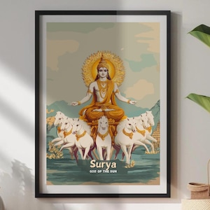 Impresión de Surya: póster del dios hindú del sol, obra de arte hindú antigua, arte mural de la mitología de Surya, decoración espiritual para el hogar