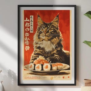 Impresión de sushi de gato hambriento, póster de gato estilo japonés, divertido arte de pared para cocina o cafetería, arte de comida de gato Maine Coon, regalo caprichoso para amantes de los gatos