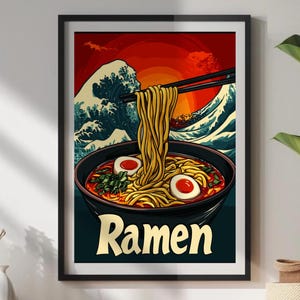 Ramen Bowl with Great Wave Poster – Japanese Food Art Print, Hokusai-Inspired Kitchen Decor, Ukiyo-e Wave Background, Noodle Lover Gift