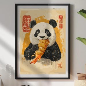 Tempura Panda Poster, Vintage Japanese Animal Print, Funny Panda Eating Prawn Tempura Wall Art, Quirky Kitchen Decor, Unique Foodie Gift