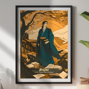 Impresión de Tenjin - Póster de la mitología japonesa Tenjin, dios del conocimiento y la erudición, obra de arte japonesa antigua