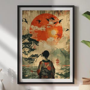Poster di una donna giapponese che ammira il Monte Fuji – Arte murale tradizionale giapponese, elegante stampa di una geisha, opera d'arte con paesaggio sereno, decorazione del Monte Fuji