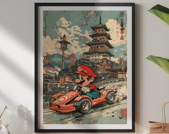 Mario Kart Japan Poster: Retro Anime Mount Fuji Print