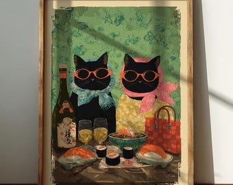 Cat Sushi Poster – Whimsical Japanese Dining Art Print