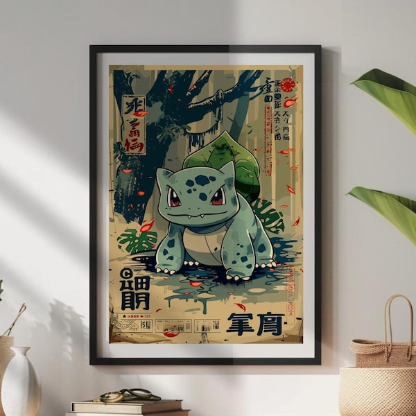 Bulbasaur Artwork: Japanese Tapestry Style Pokemon Inspired Anime Poster - Printable Wall Art for Bedroom and Japanese Home Décor