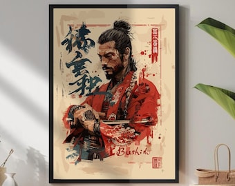 Könnte beinhalten: Ein Vintage-Poster mit einem Samurai-Krieger in einem rot-schwarzen Outfit. Der Krieger hält ein Schwert und hat einen ernsten Gesichtsausdruck. Das Poster enthält japanischen Text und das Wort "Bushido" in englischer Sprache.