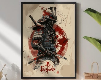 Könnte beinhalten: Gerahmter Kunstdruck mit einem Samurai-Krieger in voller Rüstung, vor einem roten Sonnengrafik-Hintergrund. Das Kunstwerk hat einen Aquarellstil mit dem Wort "Bushido" in japanischer Kalligraphie. Der Druck wird auf einem Holzschrank ausgestellt.