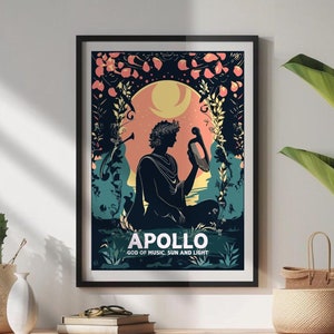 Poster del dio Apollo, dio greco Apollo, dio della musica, del sole e della luce, mitologia greca, arte greca antica, divinità olimpiche.