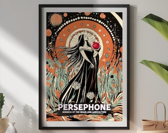 May include: A black and white illustration of Persephone, the Greek goddess of the grain and agriculture, holding a red pomegranate. The illustration is surrounded by a colorful floral design and a celestial background.