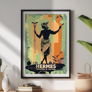 Poster del dio Hermes, dio greco Hermes, Hermes messaggero degli dei, mitologia greca, arte greca antica, divinità olimpiche.
