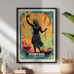 Poster del dio Dioniso, dio greco Dioniso, dio del vino e del piacere, mitologia greca, arte greca antica, divinità olimpiche, belle arti