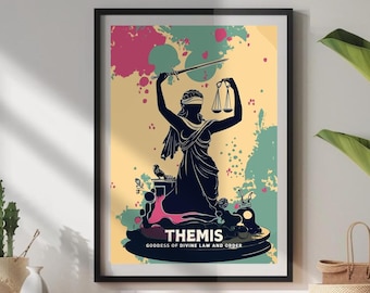 May include: A digital illustration of Themis, the Greek goddess of divine law and order. She is depicted as a blindfolded woman holding scales and a sword, standing on a platform with a colorful background.