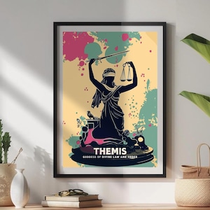 Puede incluir: Una ilustración digital de Temis, la diosa griega de la ley divina y el orden. Se la representa como una mujer con los ojos vendados que sostiene una balanza y una espada, de pie sobre una plataforma con un fondo colorido.