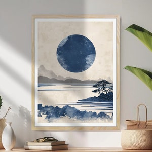 Japanese Dark Blue Sun - Japanese landscape Painting - Japanese Woodblock Print - Japanese Artwork - Navy Blue
