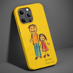 May include: Bright yellow iPhone case with a child's drawing of two stick figures. The figures are coloured in orange, red, blue, and black. The text on the case reads "By Ellie, 5 years old."