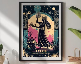 May include: A vintage-style illustration of Tyche, the Greek goddess of fortune and luck. She is depicted as a woman holding a wheel of fortune, surrounded by stars and celestial symbols. The illustration is in a dark blue, pink, and gold color scheme.