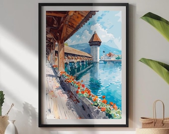 Pôster de Lucerna, Suíça: Impressão artística em aquarela da Ponte da Capela